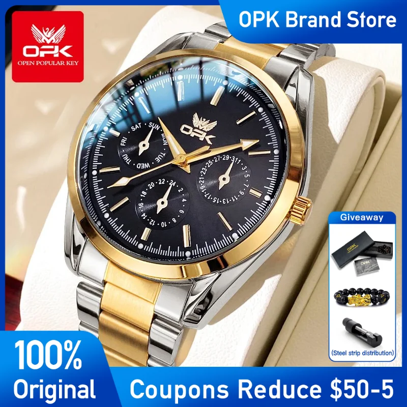 

OPK 6024 Mens Watch Original New Fashion Brand Quartz Watch Stainless steel Waterproof Luminous Three Small Dial Watches For Men