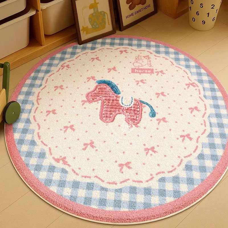 VIKAMA Non-slip Kawaii Pink Pony Round Rug Soft Blue Check Border for Kids Bedroom Decor