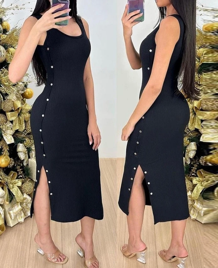 

Women's Dress Daily Casual Solid Color U-Neck Sleeveless Buttoned Bodycon Slit Ribbed Dress 2024 Summer Fashion Midi Dress