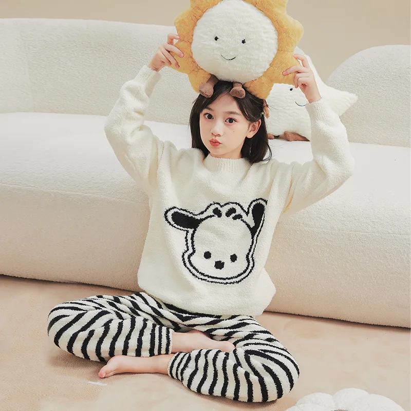 ZOETOP Winter Children Girl Pajamas Set Cartoon Dog Thicken Set Flannel Fleece Hild Warm Cartoon Sleepwear Kid Home Suit 5-12Yrs