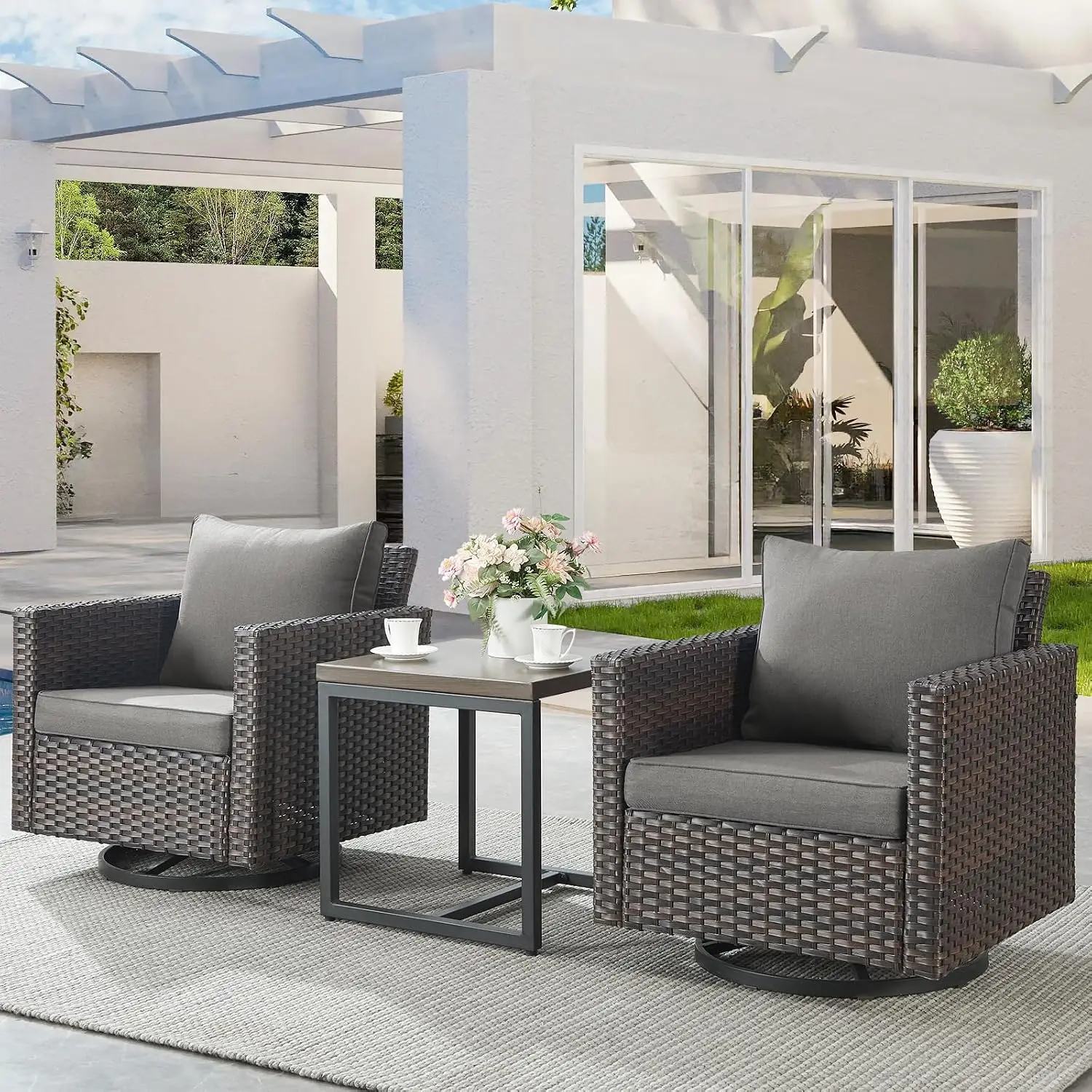 Outdoor Wicker Swivel Rocker Bistro Set 3 Piece Oversize Rattan Seating with Metal Side Table Porch Backyard, Customized