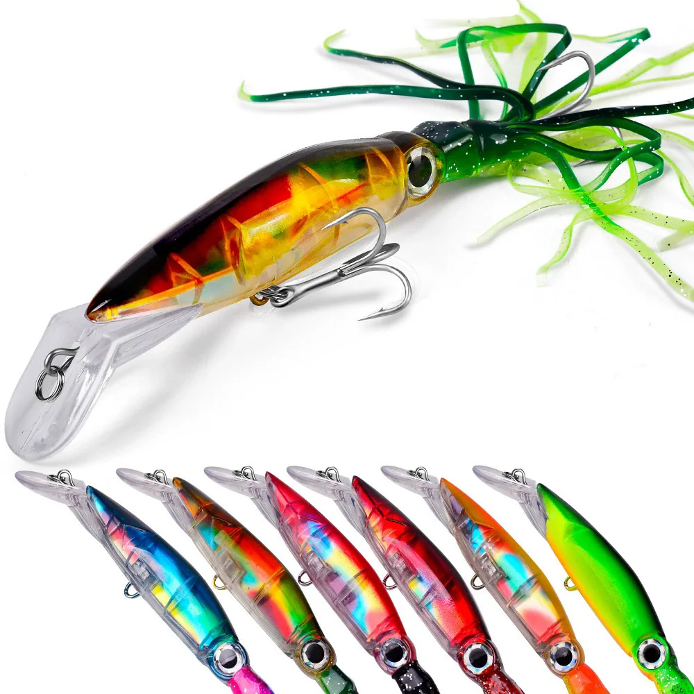 

1pcs Simulation Beard Squid Sea Fishing Lure 14cm 40g Hard Artificial Plastic Octopus Bait 1/0# Treble hook 6 Colors dw301