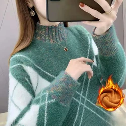 Stylish Geometric Long Sleeve Sweater Knitted Contrast Color Autumn Winter Half High Collar Screw Thread Women's Clothing Tops
