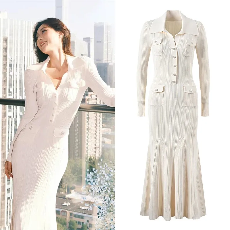 White Fishtail dress Autumn/winter new elegant ribbed slim-fit long-sleeved knit dress