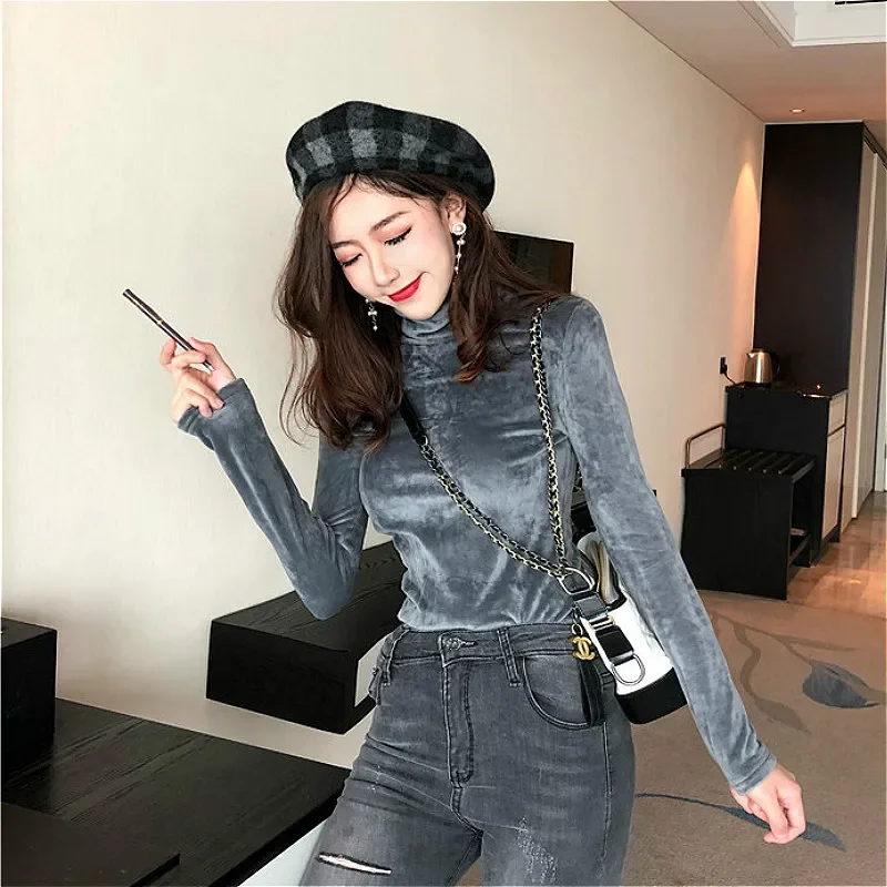 T-shirts Women Thickening Plus Velvet Solid Turtle Neck 7 Colors Long Sleeve Slim Lady Autumn Basic Tee All-match New Chic