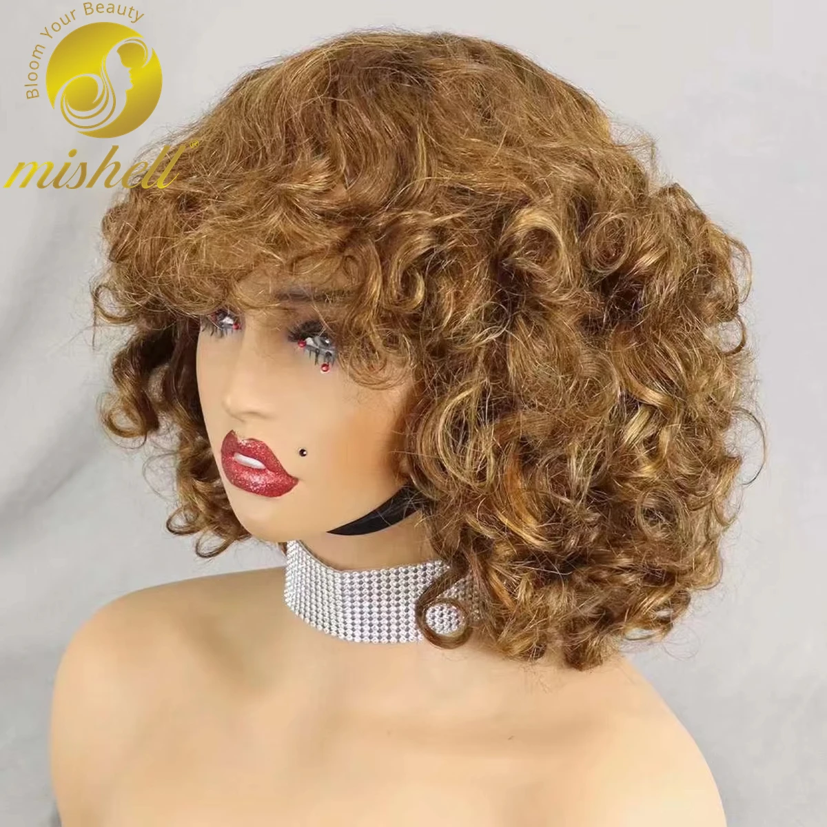 200% Density 4/30 Highlight Ombre Bouncy Curly Human Hair Wigs with Bangs Short Machine Made Curly Bob Wigs PrePlucked for Women