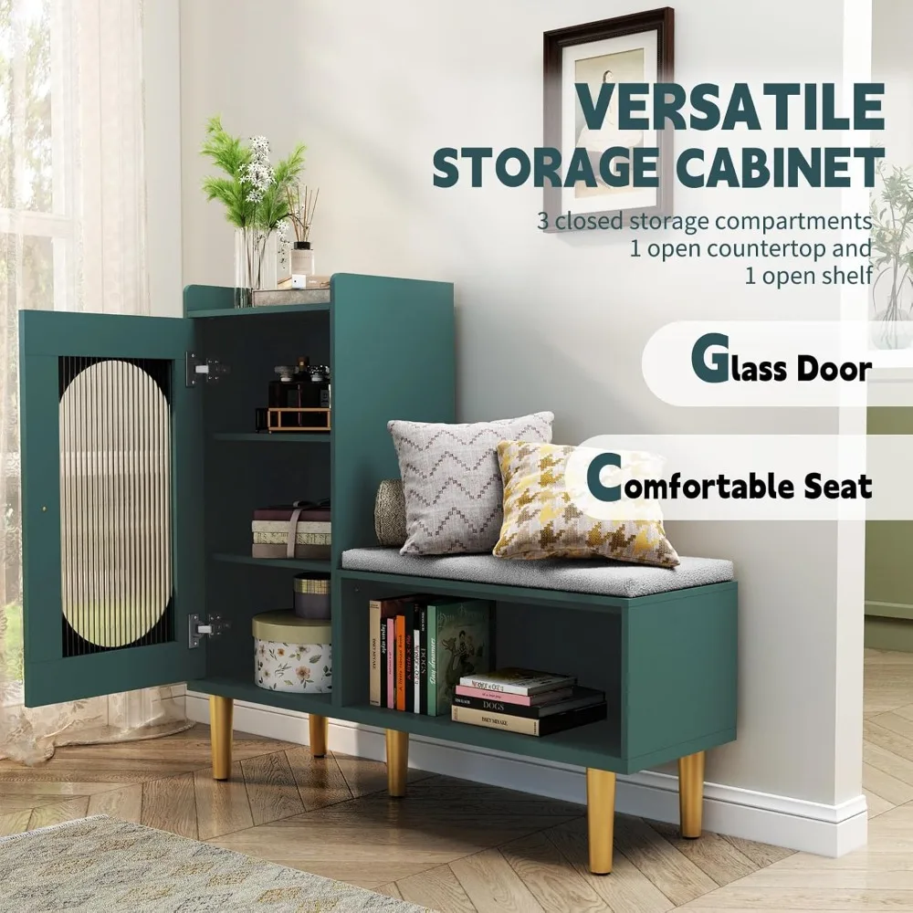 Скамья для хранения со стеклянной дверью и полкой, современная скамейка для обуви в прихожей с мягким сиденьем, зеленый L-образный шкаф для хранения