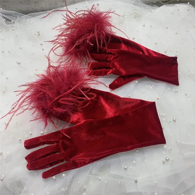 Women\'s Elegant Ostrich Feather Long Velvet Glove Female Spring Summer Vintage Sunscreen Driving Photograph Glove R1799