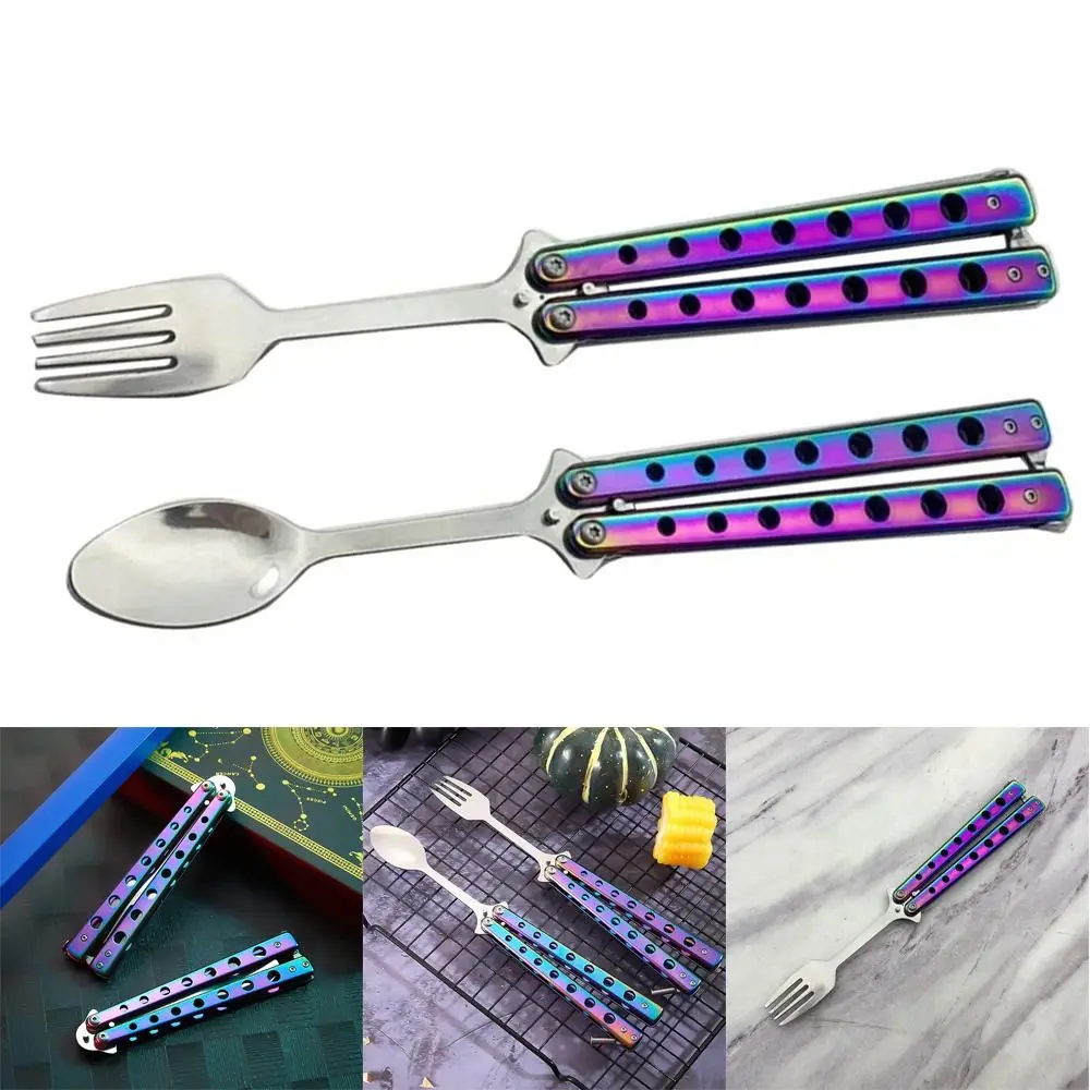 Kitchen Tool Stainless Steel Butterfly Folding Spoon Fork Practice Training Camping Balisong Training Tool Outdoor Tableware