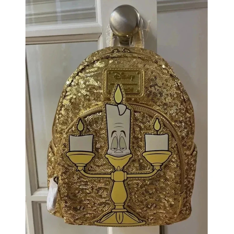 

New Disney Loungefly Beauty And The Beast Lumiere Sequin Golden Candelabra Design Mini Backpack Fashion Gift For Fans Daily Use
