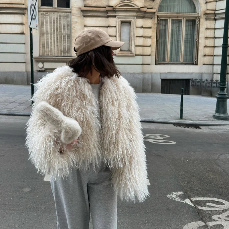 Chic Street Girls Round Neck Faux Mongolia Sheep Fur Coat Women 2026 New Winter Fluffy Warm Fur Jacket Cropped Outerwear