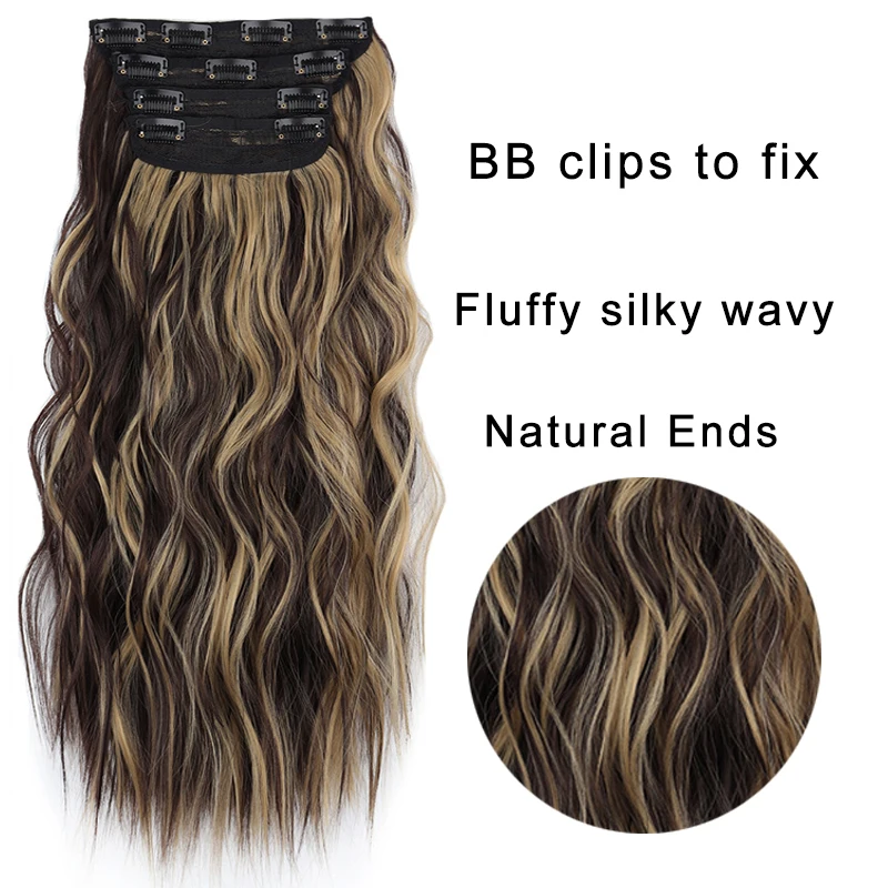 4Pcs/Set 20Inch Synthetic Hair Clip In Long Wavy Thick Hairpieces For Women Full Head Synthetic Hair Extensions Ombre Hairpieces