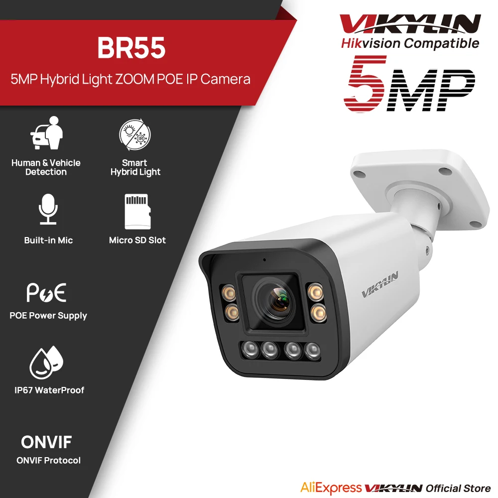 VIKYLIN 5MP 5X Zoom Bullet IP Security Camera SD Card Slot 2-way Audio Surveillance IP Camera IP66 Home CCTV POE Outdoor Camera