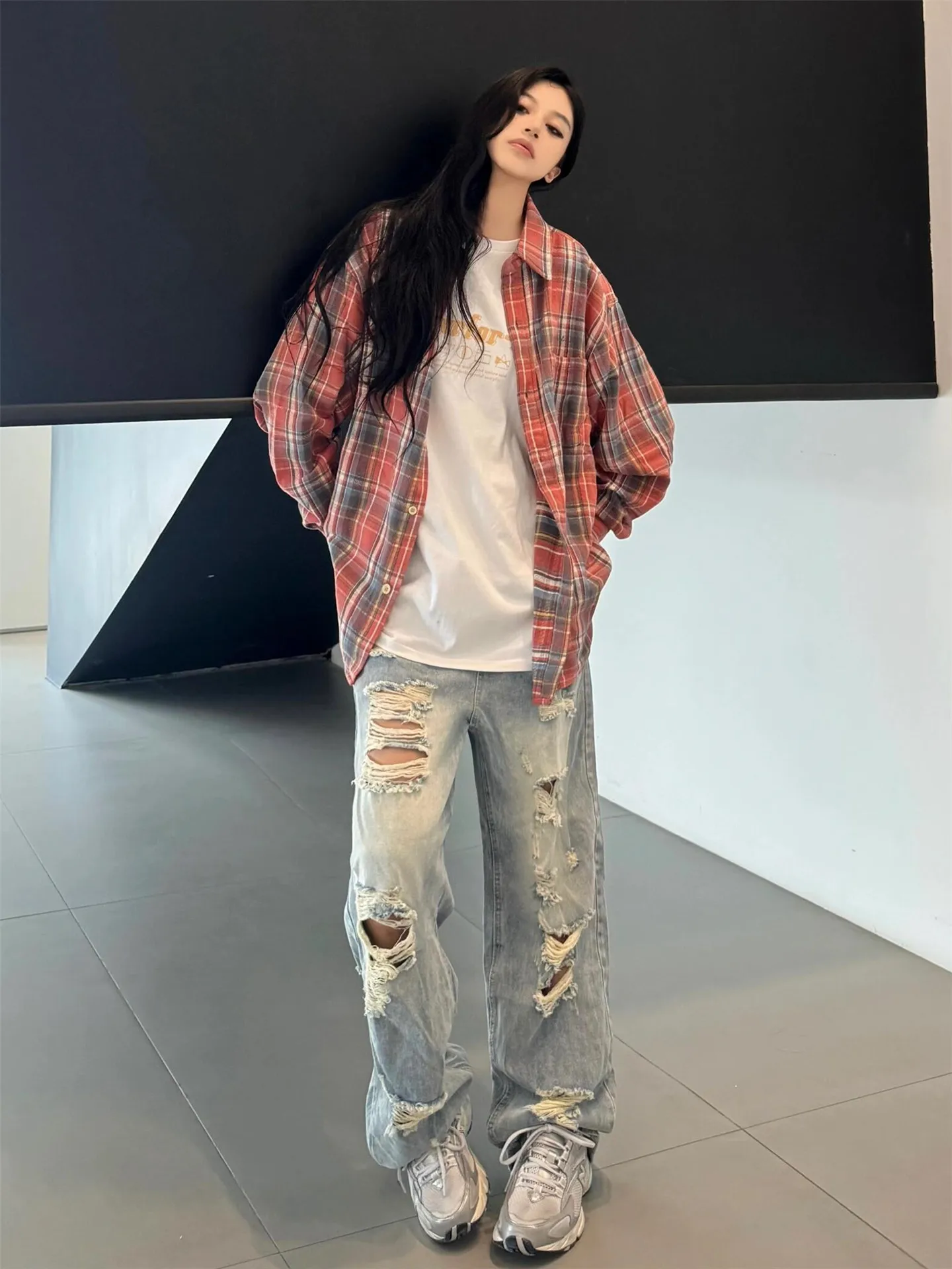 

American Retro Hole Straight Leg Jeans Women Summer Thin High Waist Slim Long Wide Leg Beggar Pants Cotton Soft High Waist