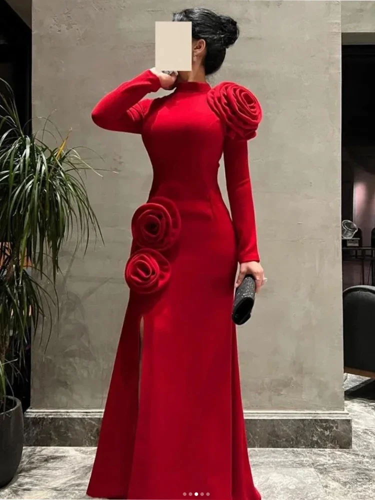 Customized Fashion Exquisite Simple Jersey Handmade Flower Sheath High Collar Long Dresses Cocktail Dresses Formal Retro High Q