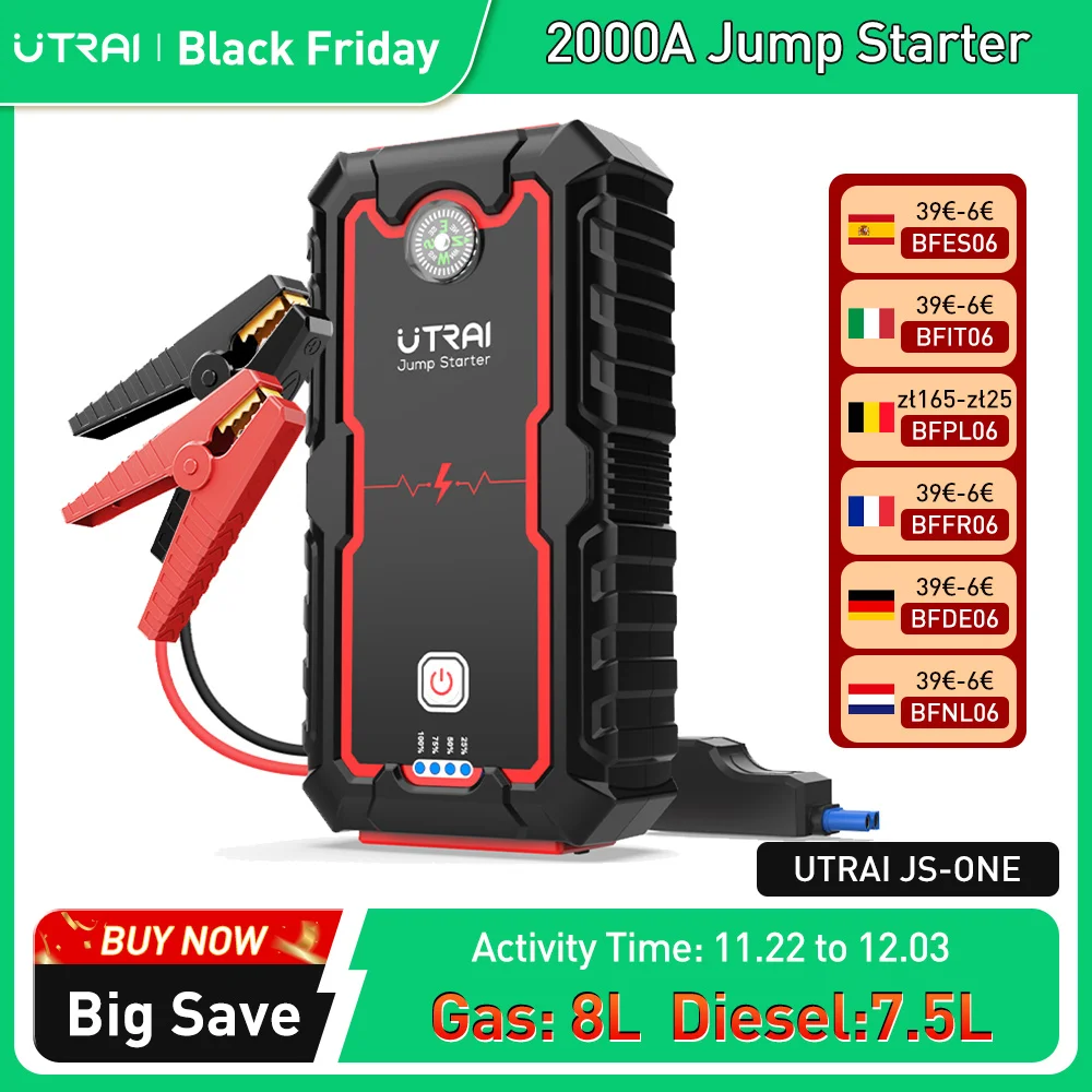 UTRAI Power Bank  2000A Jump Starter Portable Charger Car Booster 12V Auto Starting Device Emergency Car Battery Starter