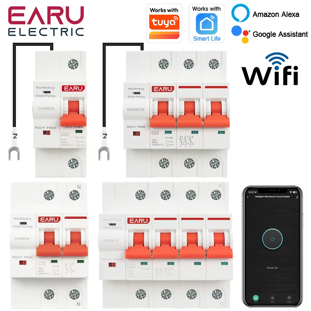 EARU 1/2/3/4P 63A 100A Tuya App WiFi Smart MCB Circuit Breaker Overload Short Circuit Protector Time Relay Switch Remote Control