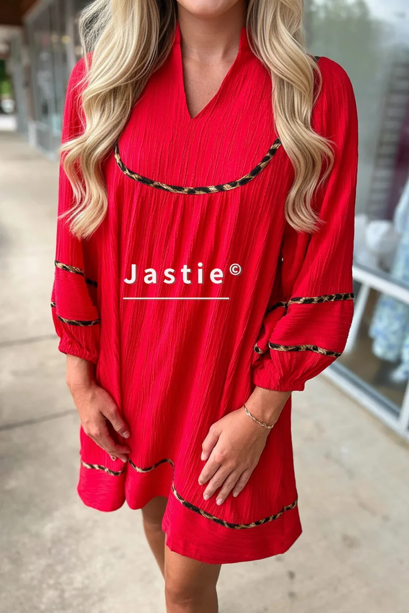 Mini abito rosso increspato colletto alla coreana scollo a V maniche a sbuffo 3/4 stampa leopardata finiture abiti da donna Boho abito da spiaggia casual 2026