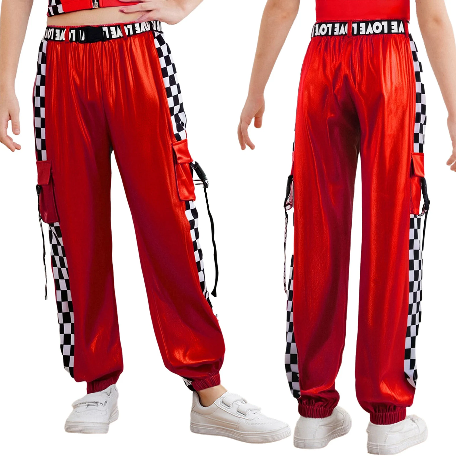 Traje de baile de Jazz para niñas, pantalones a cuadros con cintura elástica y acabado brillante y cinturón desmontable para clases de baile callejero de Hip Hop