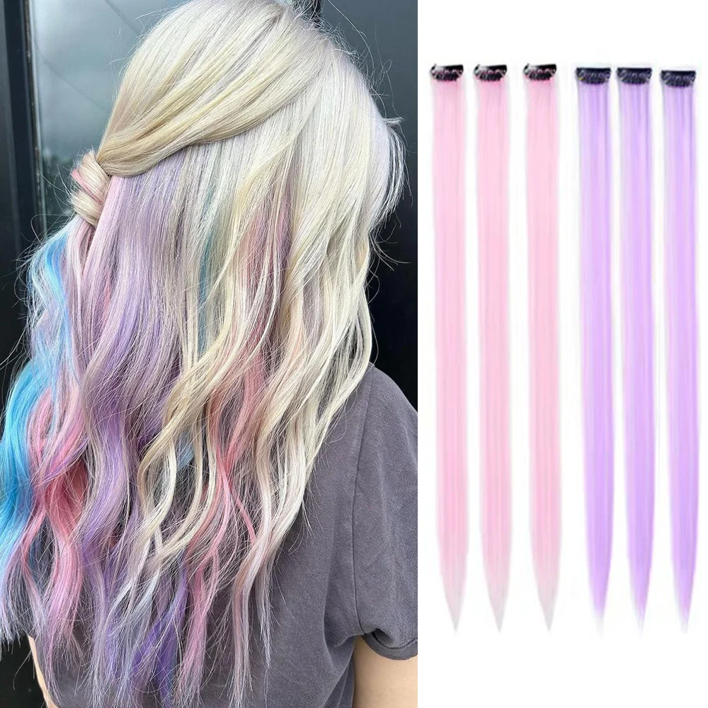 Extensiones de Cabello sintético con Clip para niñas, Resaltadores de fiesta de colores, pelo liso multicolor, 22 pulgadas, 6 unids/lote por paquete