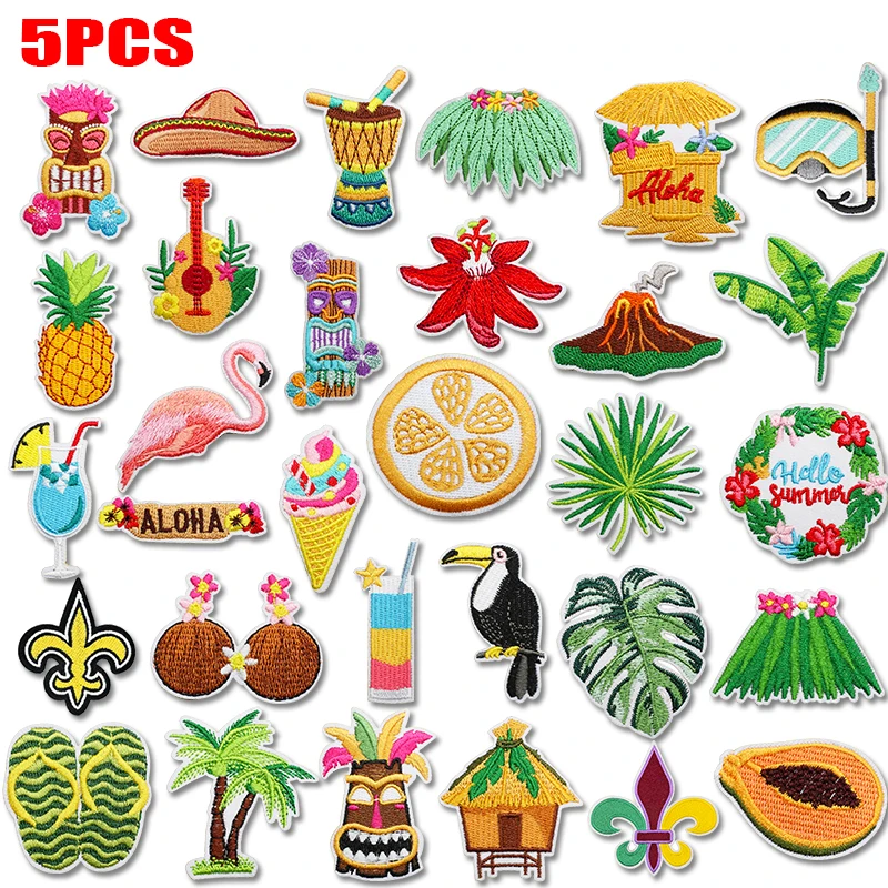 5PCS Hawaii Travel Decoration Embroidery DIY Cabin Pineapple Palm Flamingo Patch Iron On Patches for Clothing Jeans Sew Stickers
