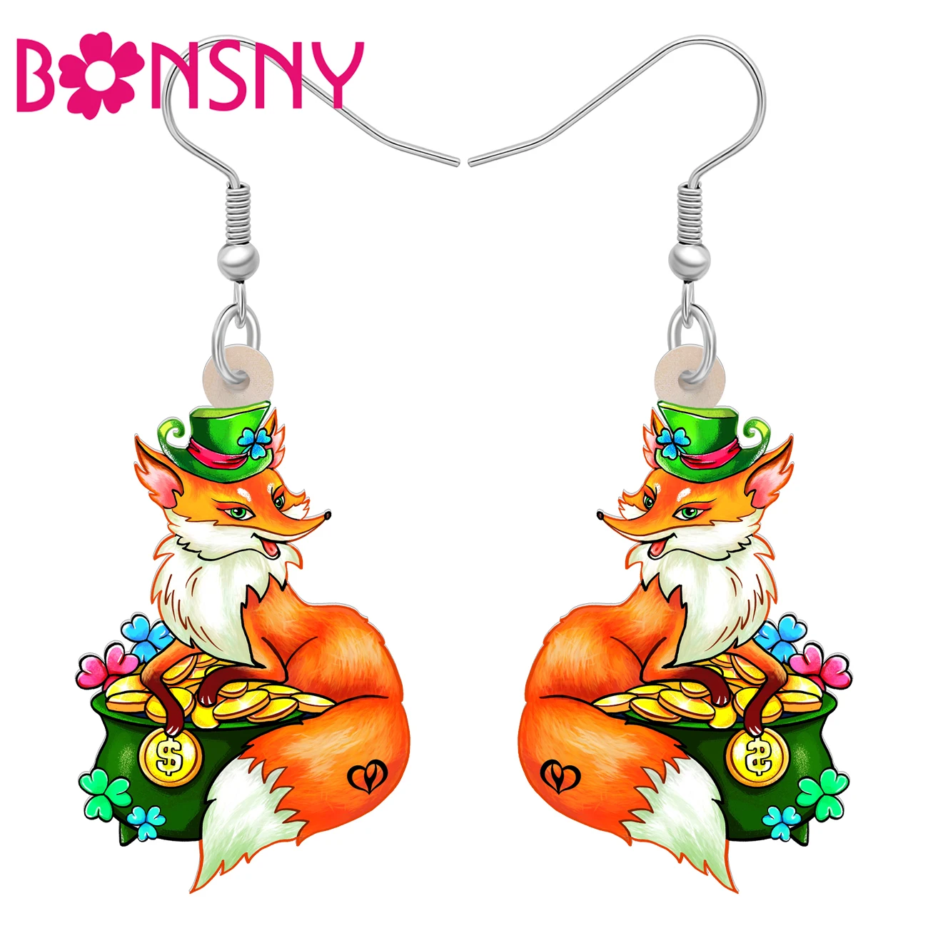 BONSNY Acrylic St Patricks Day Fox Earrings Irish Green Clover Hat Gold Coin Forest Animals Jewelry Good Luck Gifts For Women