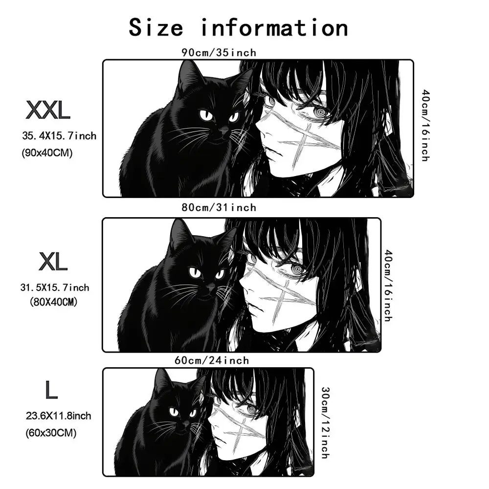 Podkładka pod mysz XXL dla graczy, duża, czarno-biała, anime, kot, mata na biurko PC, dywanik pod mysz do komputera, biura, długa podkładka pod mysz — zdjęcie produktu 4
