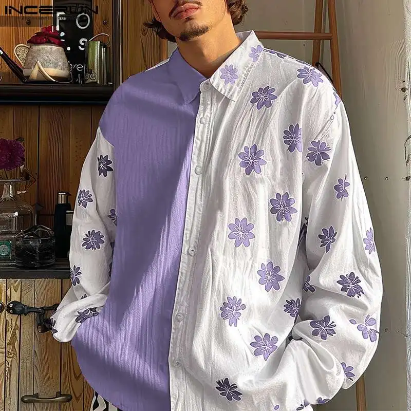 INCERUN Spring Autumn Men Shirts Long Sleeve Fashion Patchwork Floral Printing Lapel Casual Tops Tee Men's Clothing Streetwear