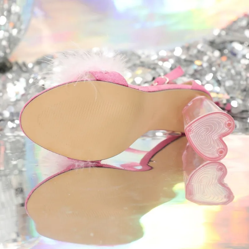 Sandali con tacco alto trasparenti alla moda scarpe da donna in pelliccia rosa Sexy con tacco spesso in cristallo décolleté da donna Open Toe