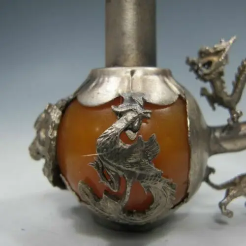 Old Chinese Handmade Inlay Yellow Jade Tibet Silver Dragon Smoking Pipe