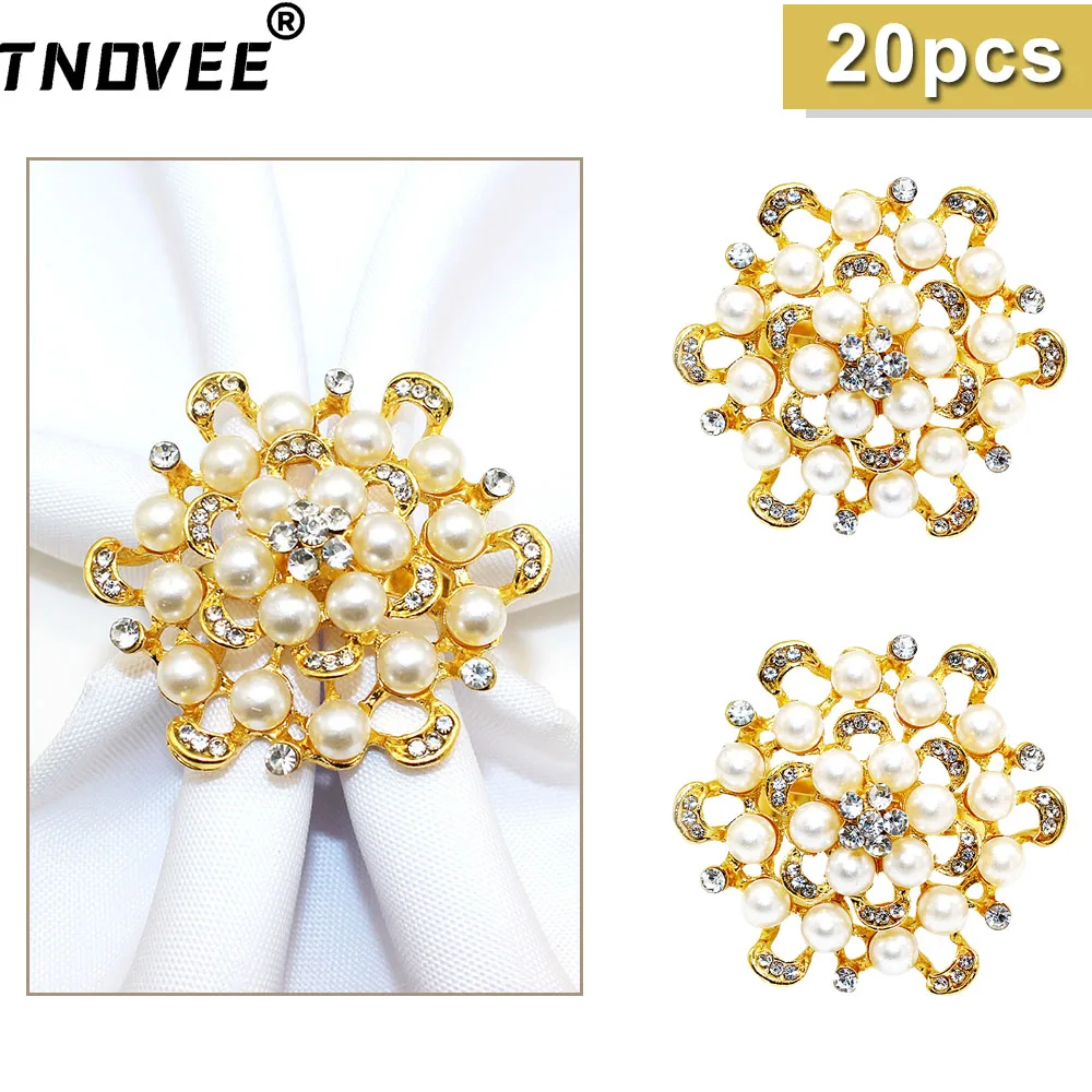 20Pcs Gold Pearl Napkin Rings Crystal Flower Napkin Holder Wedding Serviette Buckles for Xmas Dinner Birthday Party Table Decor