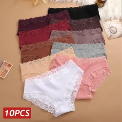 10PCS Women Cotton Panties Floral Lace Briefs Sexy Lingerie Low Rise Elastic Ribbed Solid Color Panties Girls Soft Underwear