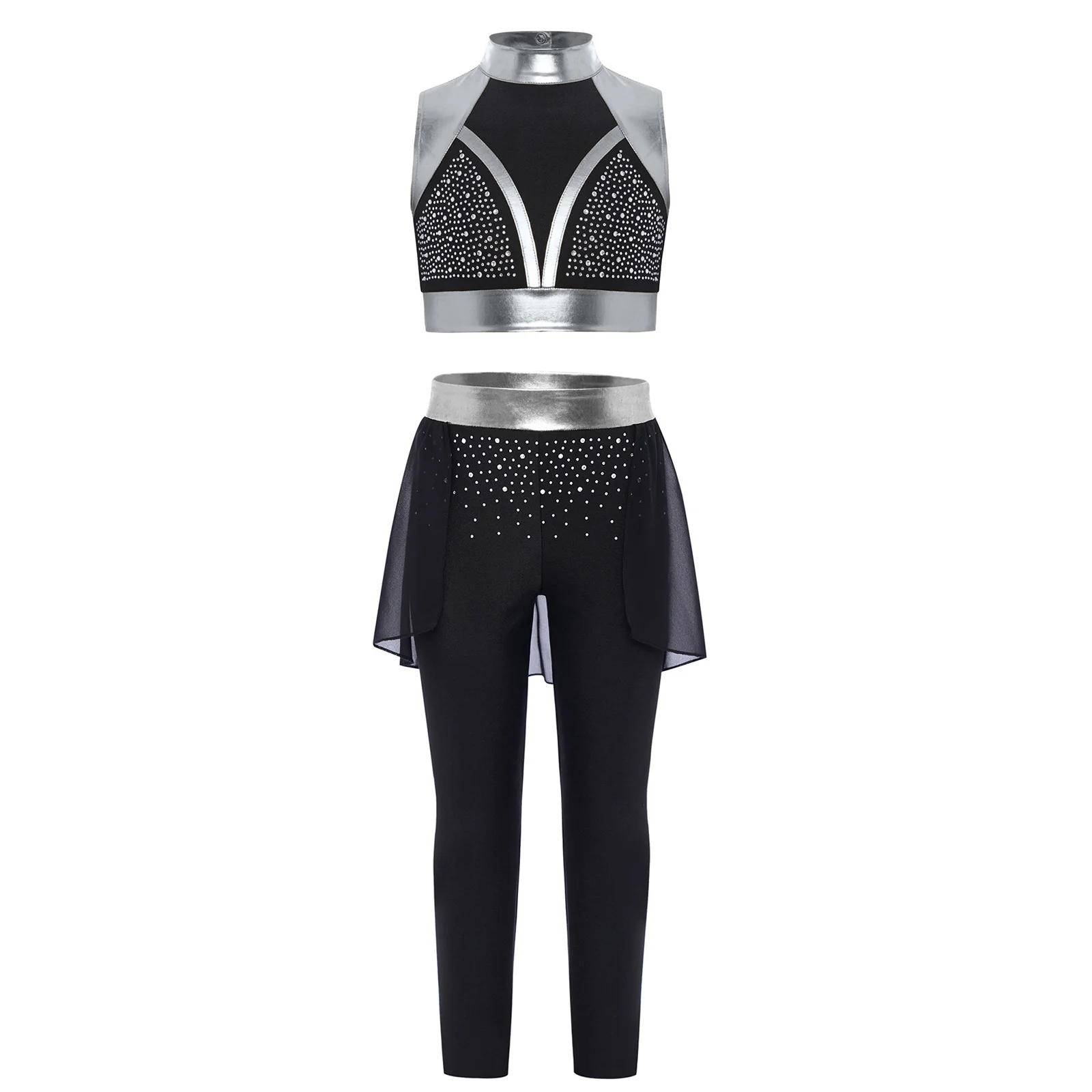 Girls Shiny Rhinestones Ballet Dance Figure Skating Acrobatic Gymnastics Costume Metallic Crop Top with Leggings Stage Dancewear