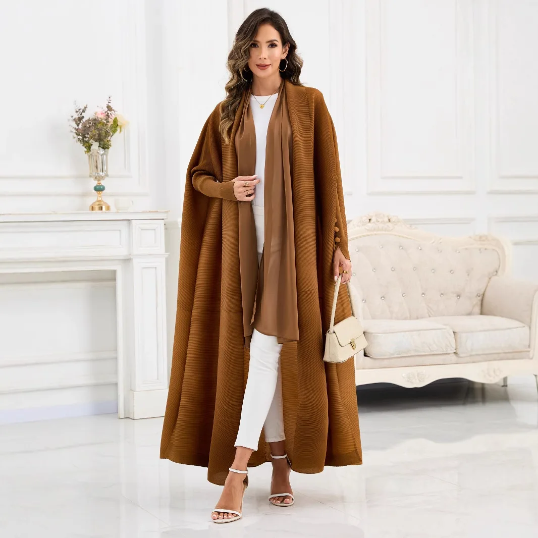 2025 novo casaco trench plissado com mangas morcego, tamanho grande, estilo étnico, cor sólida abaya, robe feminino elegante