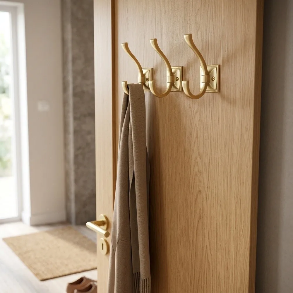 Zinc Alloy Dual Prong Coat Hooks Brushed Satin Gold for Modern Home Decor 2.81 Inch Projection 0.94 Inch Hole Center Distance