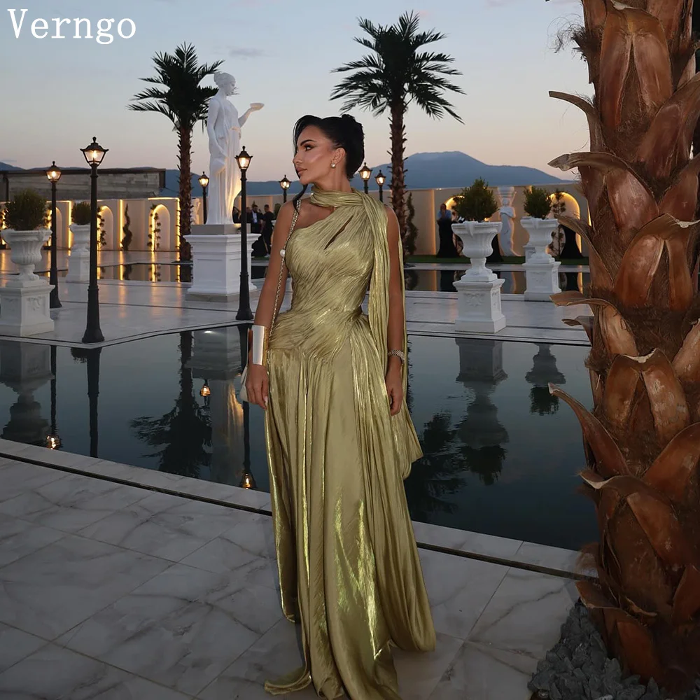 

Verngo Green Shiny Evening Dress One Shoulder Mermaid Formal Occasion Elegant Pleat Arabic Prom Gowns Customized