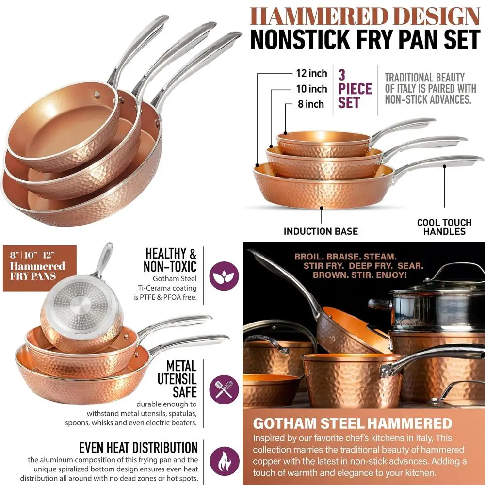 طقم مقلاة نحاسية غير لاصقة، 3 قطع، 8، 10، 12، خالٍ من PFOA، آمن للاستخدام في غسالة الأطباق، مقبض رائع