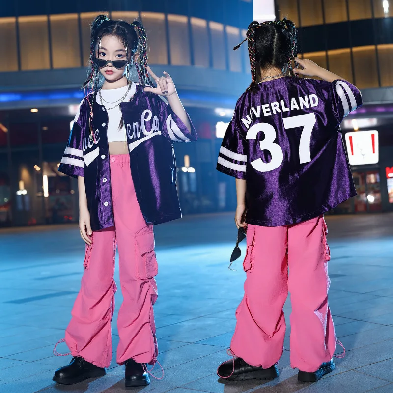 

Комплекты в стиле хип-хоп для девочек, фиолетовые рубашки, розовые свободные брюки для уличных танцев, уличная одежда, детская бальная одежда, детский джазовый костюм