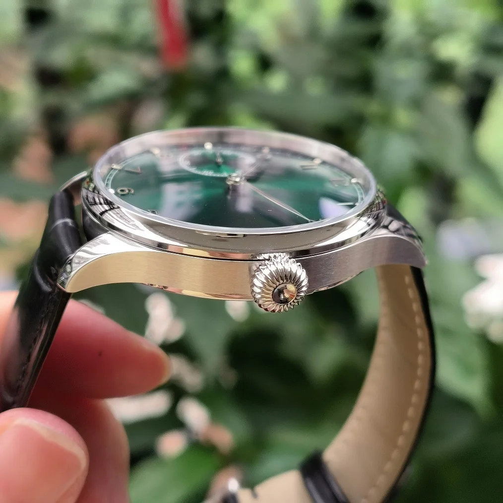 No logo 41mm Mechanical Hand Wind watch green dial Stereo silver number AR coated sapphire crystal Seagull ST3600 movement