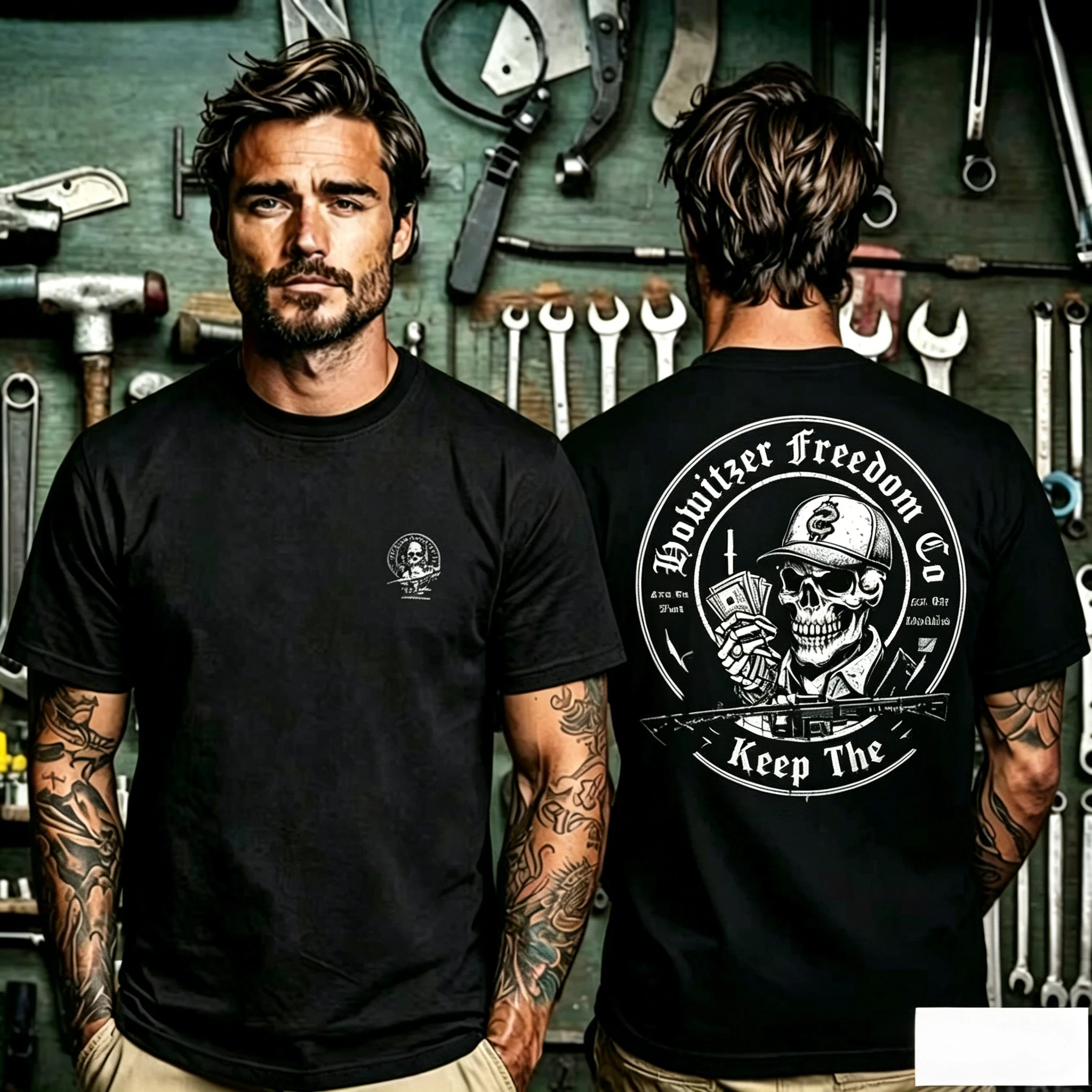 Retro Workwear Trend T Shirt, Compact Skull Circle Emblem Front and Howitzer Freedom Co Vintage Skull Round‑badge Art Back Print