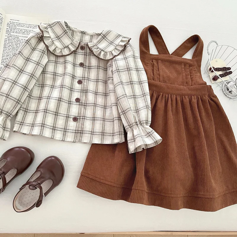 

New Product2025New Girls Long Sleeve Shirt Dress Two Piece Set Baby Sweet Plaid Dress