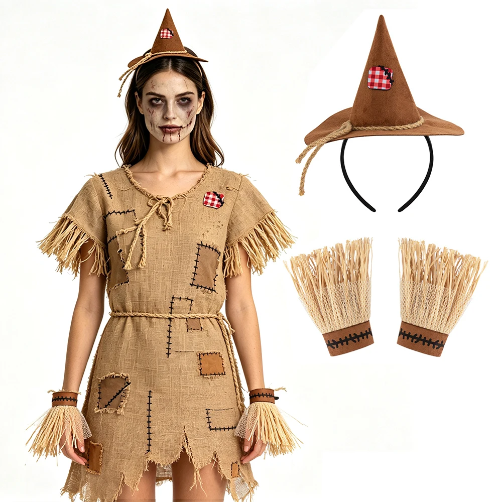 Halloween Scarecrow Costume Set Pointed Hat Headband and Realistic Straw Wristbands Carnival and Masquerade Party Accessories