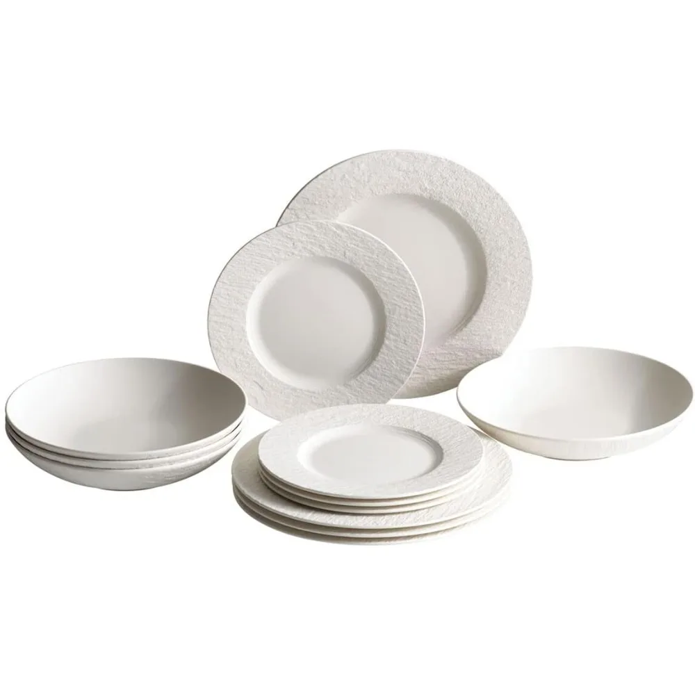 Villeroy & Boch Rock Blanc 12-teiliges Geschirrset für 4 Personen, inklusive Abendessen, Salatteller und Nudelschüsseln, Premium-Qualität
