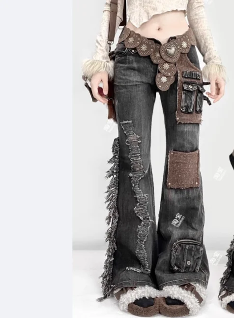 Pantalones vaqueros acampanados con múltiples bolsillos para niñas, sexys, de tiro bajo americano, industria pesada, pantalones de pierna recta rasgados versátiles a la moda para primavera y otoño