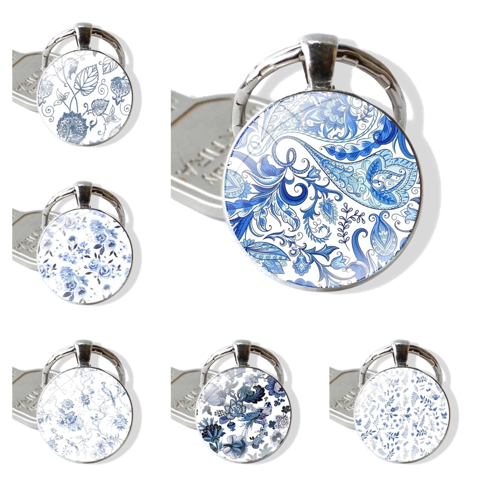 Blue and white Porcelain Flowers Keychain Handmade Glass Cabochon Key Ring Holder Pendant Key Chains