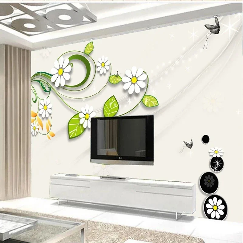 

Custom Wall Mural Wallpaper 3D Fresh Small Daisy Green Flower Vine Living Room TV Bedroom Background Papel De Parede Fo Living