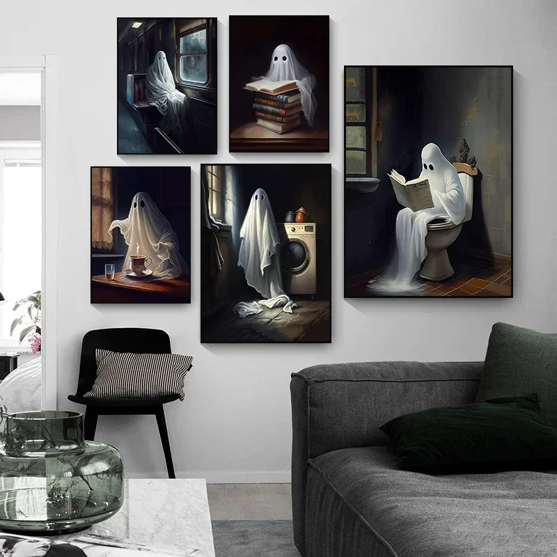 1pc frameless Canvas Painting Fun White Ghost Dark Academy Halloween Horror Retro Posters Prints Canvas Painting Wall Art Pictur