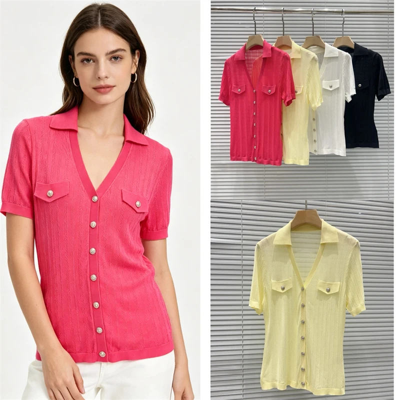 High-Quality Summer New Women's V-Neck Heavy-Work Metal Button Decorated Short Sleeve Knitted T-Shirt Fashion Casual Retro Breat