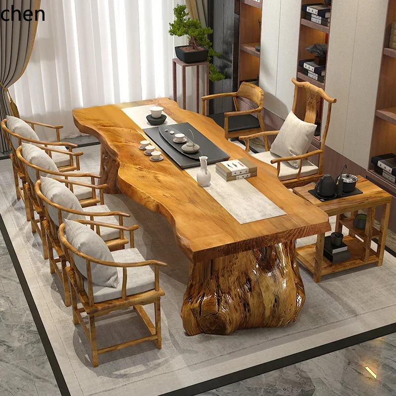 HYS New Chinese Solid Wood Large Board Tea Table Living Room Tea Table Chair Combination Kung Fu Office Tea Table