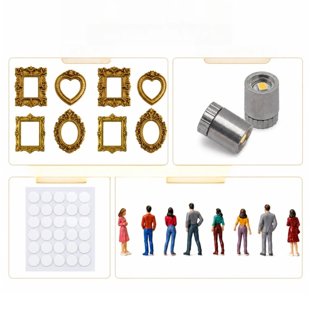 DIY Shadow Box Layout System with 1 Main Frame 8 For mini Frames 8 Figurines and 2 Light Sources for Custom Visual Sequencing